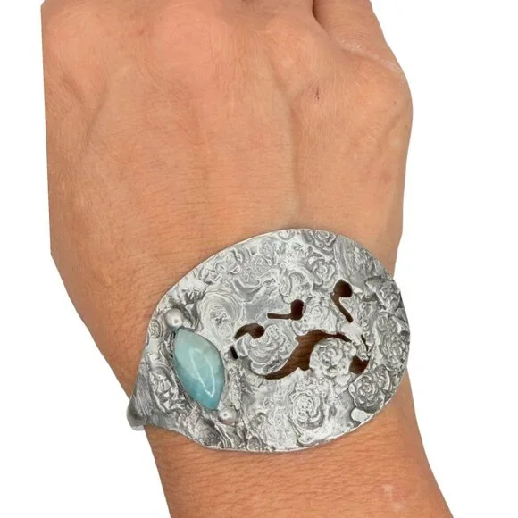 Vintage Silverware Cuff Bracelet with Larimar Stone | Wildwood Pattern 1958 - Picture 3 of 15